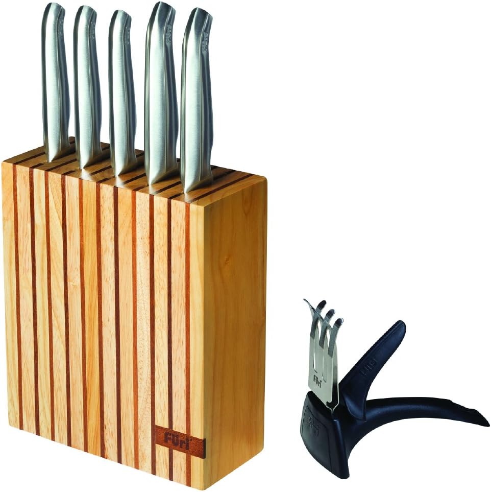Furi Knives Furi Pro Wood Block Set with Knife Sharpener, 7-Piece, Compact