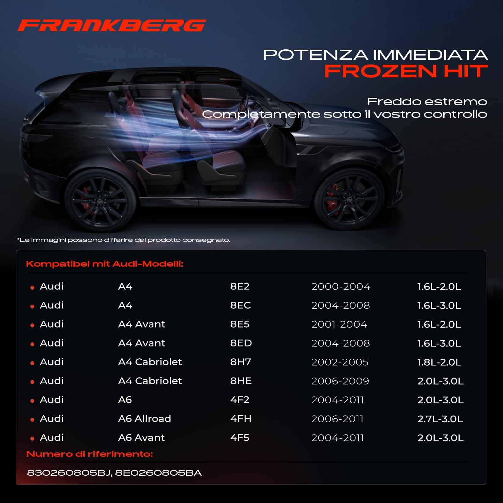Frankberg Compressore dell'aria condizionata con frizione 8E0260805BA | Compatibile con: A4 8EC, A4 Cabriolet 8H7, A4 Avant 8ED, A6 Allroad 4FH, A4 8E2, A4 Cabriolet 8HE, A6 Avant 4F5