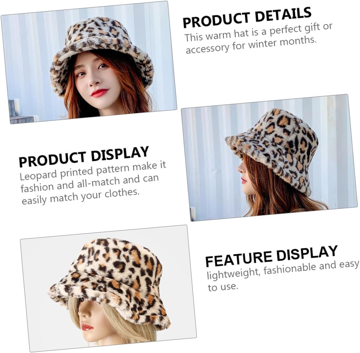 Leopard Print Plush Fisherman Hat Warm Bucket Cap Soft Thick Hat for Women Travel and Outdoor Use Size M (56-58cm) Beige