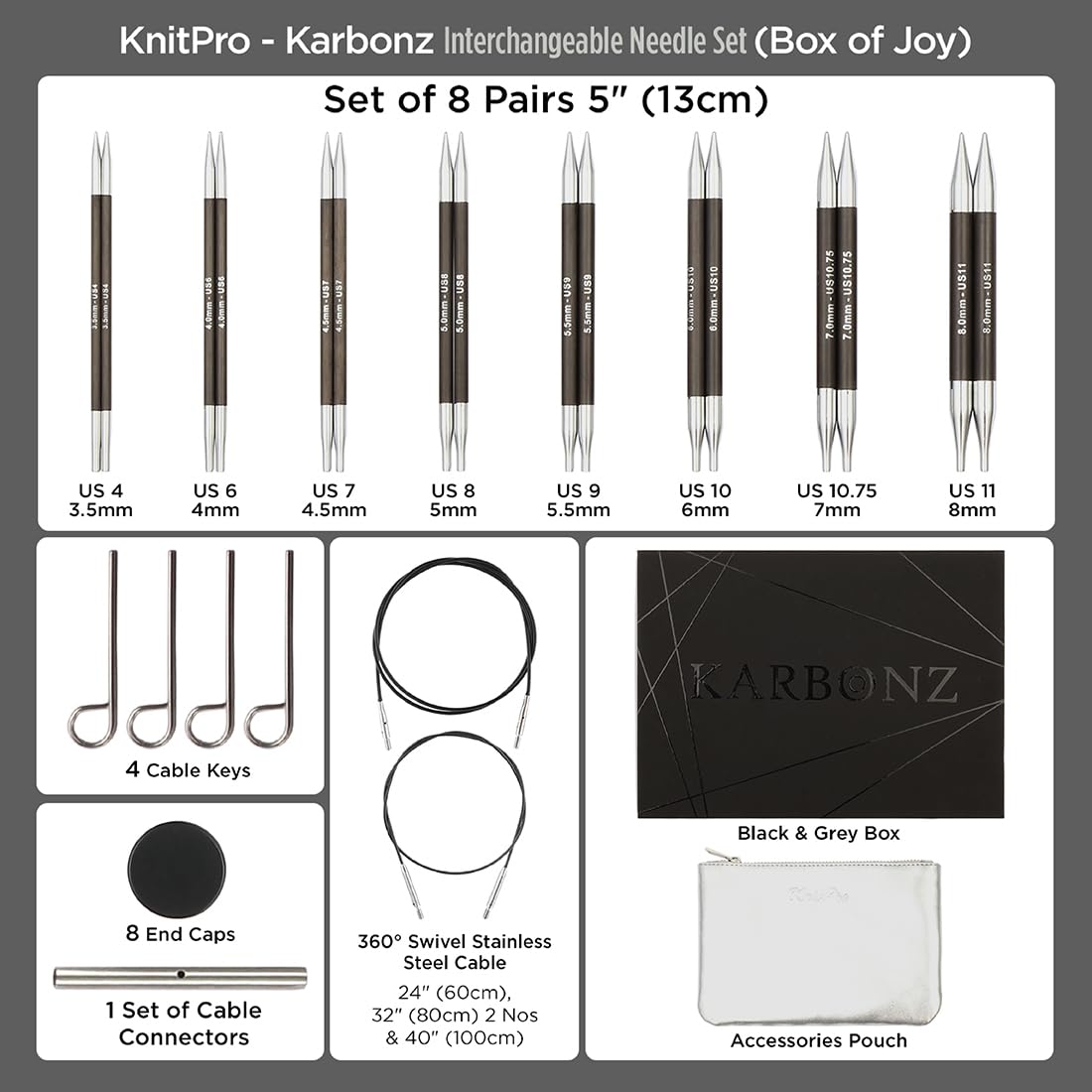 KnitPro Set de regalo de agujas de tejer circulares intercambiables Karbonz 3,5, 4,0, 4,5, 5,0, 5,5, 6,0, 7,0 y 8,0 mm
