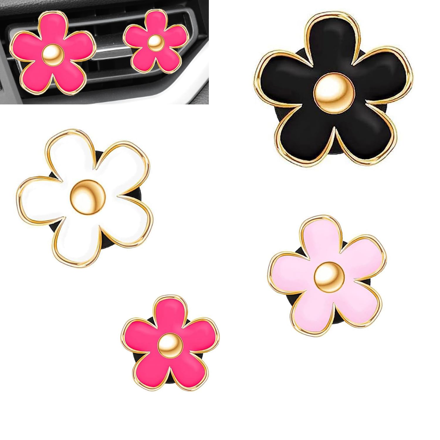 OBTANIM 4 Stück Auto-Lüftungs-Clips, bunte Gänseblümchen, Auto-Lufterfrischer-Clip, Klimaanlagen-Auslass-Clip für Auto-Innendekoration, Zubehör (Schwarz, Weiß, Rosa, Rot, 4 Größen)