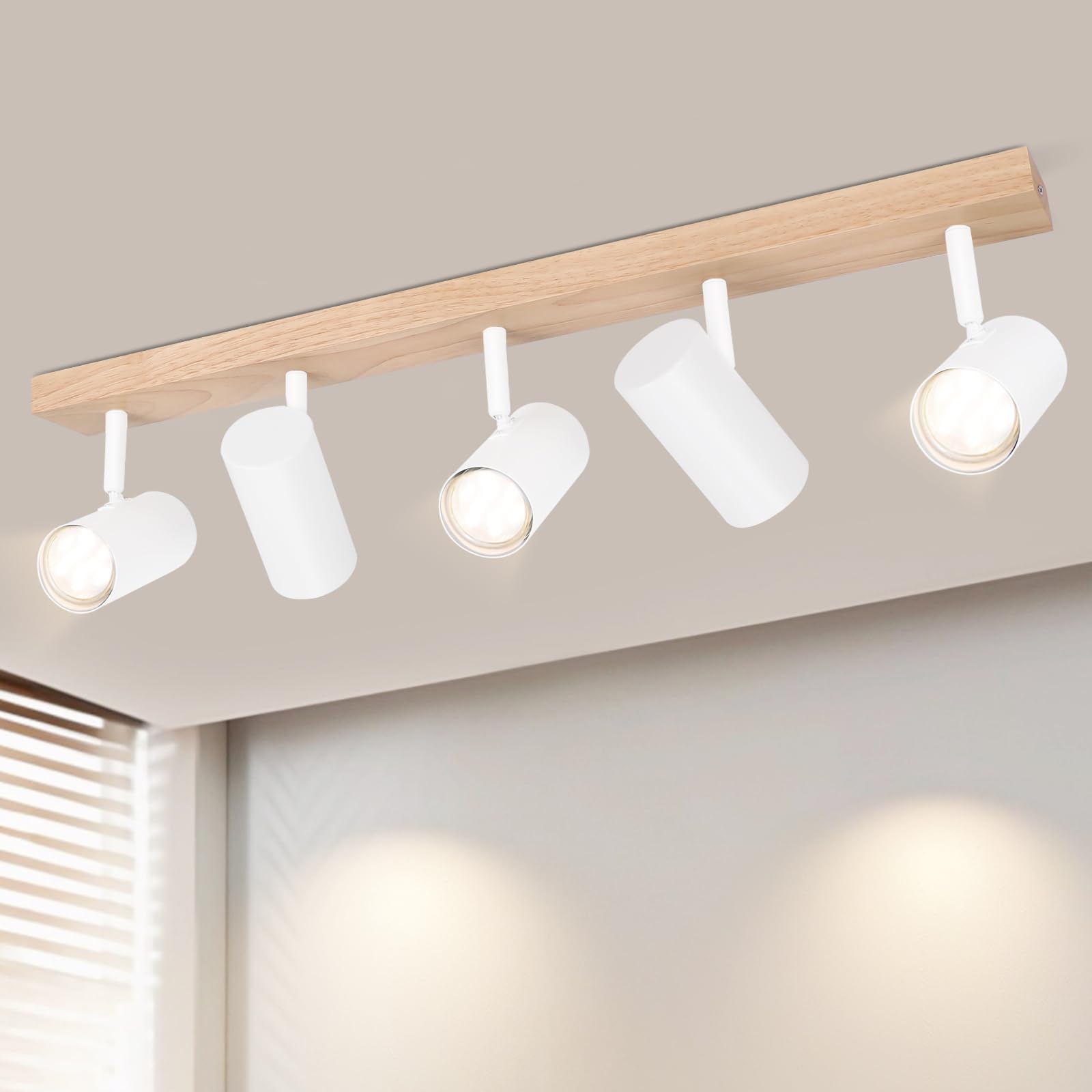 Glitzerlife Lámpara de Techo 5 Bombillas Foco de Techo Madera - Lámpara de Techo Focos de Techo Blancos GU10 Lámpara de Salón Lámpara de Pasillo de 350° Foco de Techo Pasillo para Dormitorio Cocina