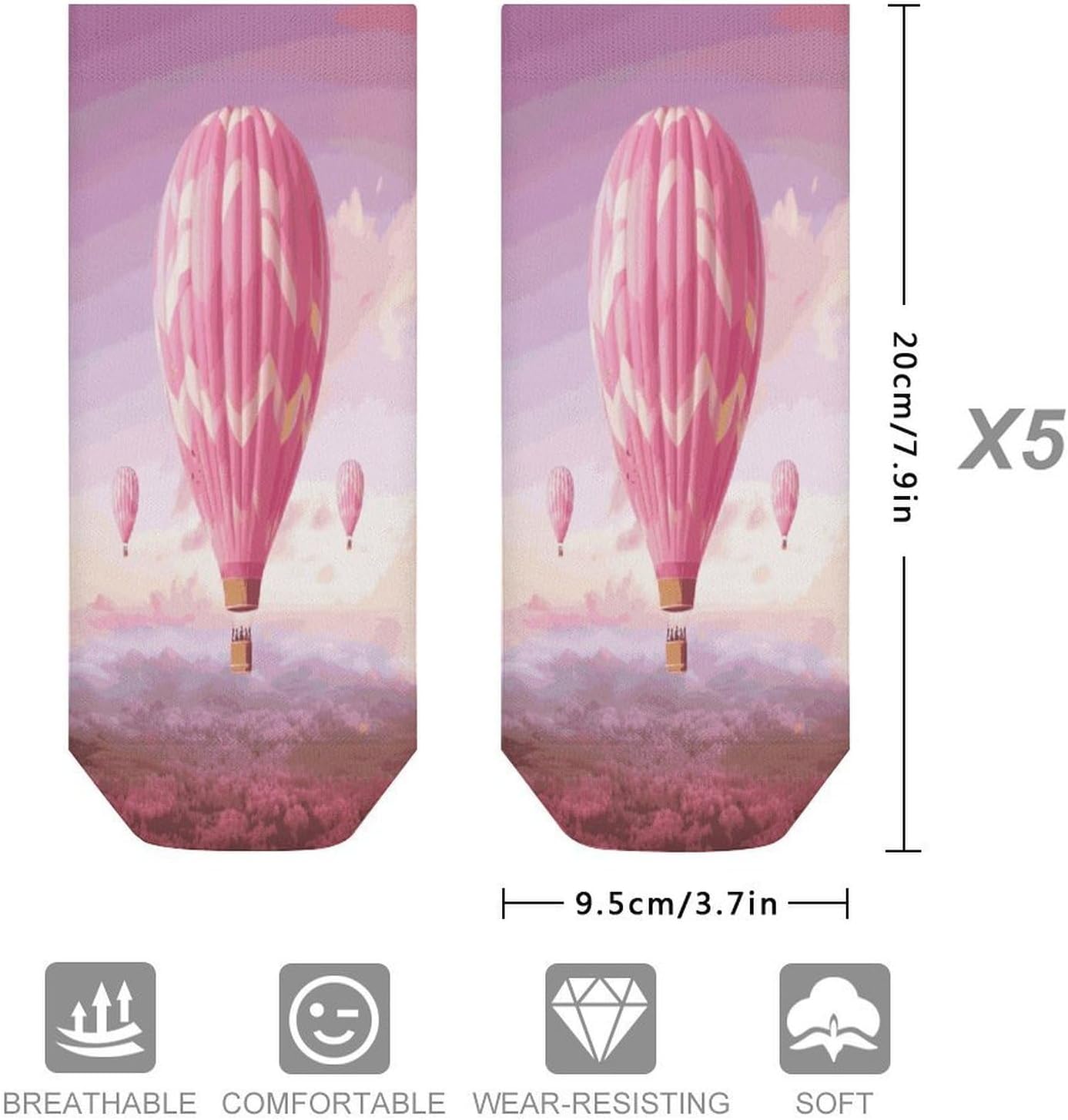 Pink Hot Air Balloon Ankle Socks for Men Women 5 Pairs | Comfortable Casual Low Cut Socks, Lightweight No Show Breathable Athletic Socks, Soft Mini Crew Socks for All Seasons