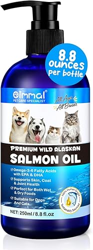 Aceite de salmón de Alaska para perros y gatos (8.8 onzas), aceite de pescado puro Omega 3 con ácidos grasos Omega 6, EPA y DHA, antiinflamación