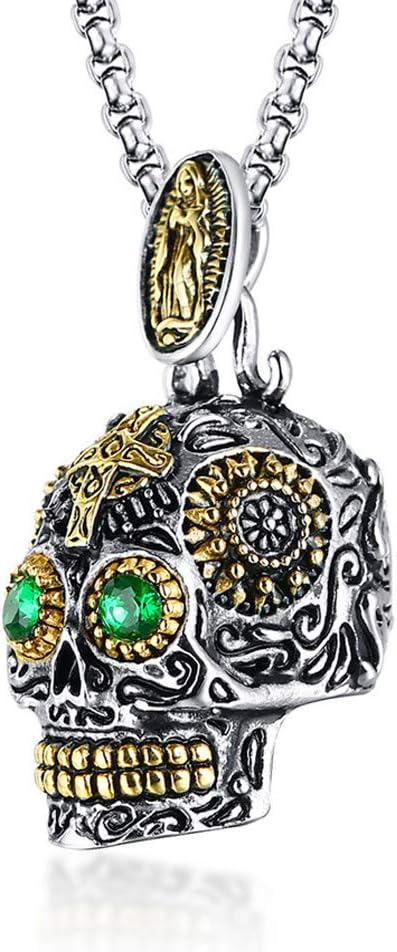 Stainless Steel Sugar Skull Pendant Necklace Gothic Skeleton Pendants for Men with 24inch Chain