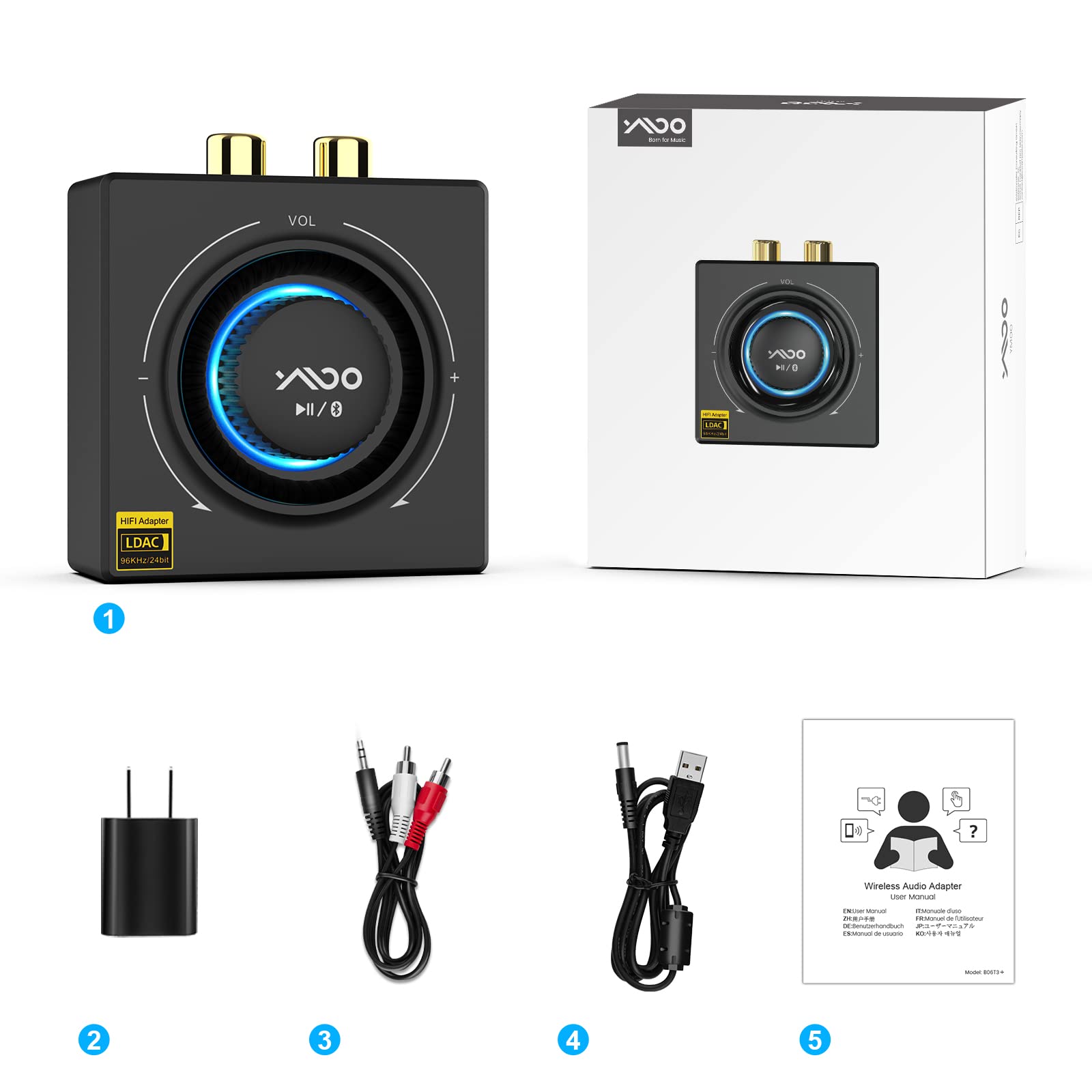 YMOO LDAC Recepteur Bluetooth 5.3, RCA 3,5 mm Jack AUX Adaptateur Bluetooth SBC AAC,Stereo Audio HiFi Receiver pour Smartphone, Tablette, Ordinateur Portable, Enceinte Home Cinema,100ft (Blue)