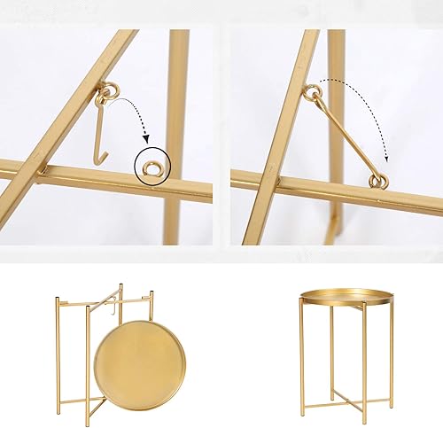 Miniatura 6 de Joveco Mesa auxiliar redonda, mesa auxiliar plegable de metal, mesa auxiliar pequeña, mesa auxiliar de sofá con bandeja extraíble, mesa decorativa