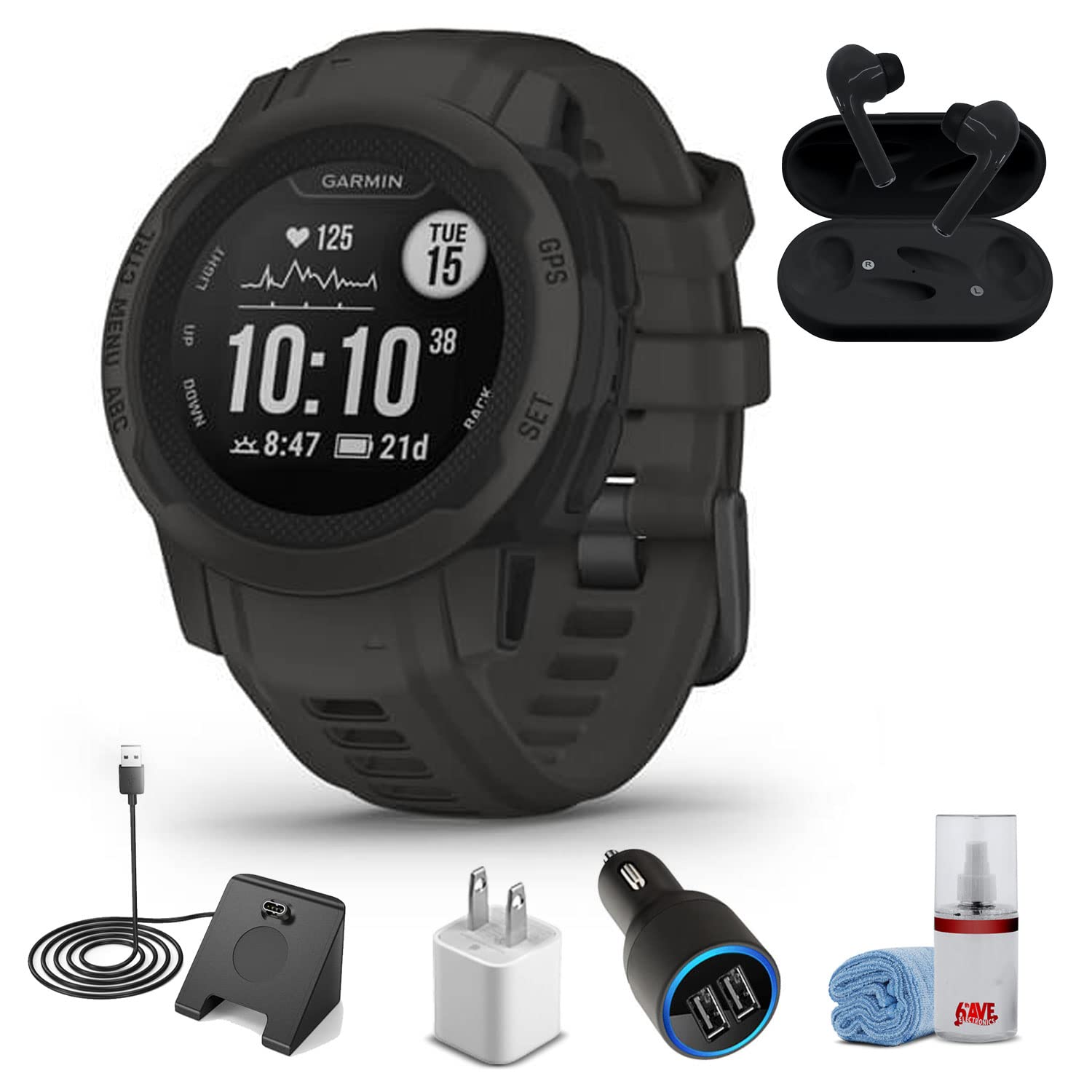 Garmin Instinct 2S - Standard Edition Smart Watch-Graphite + Wireless Headphones + Watch Charging Stand + USB Car/Wall Adapter + 6Ave Cleaning Kit (010-02563-10)