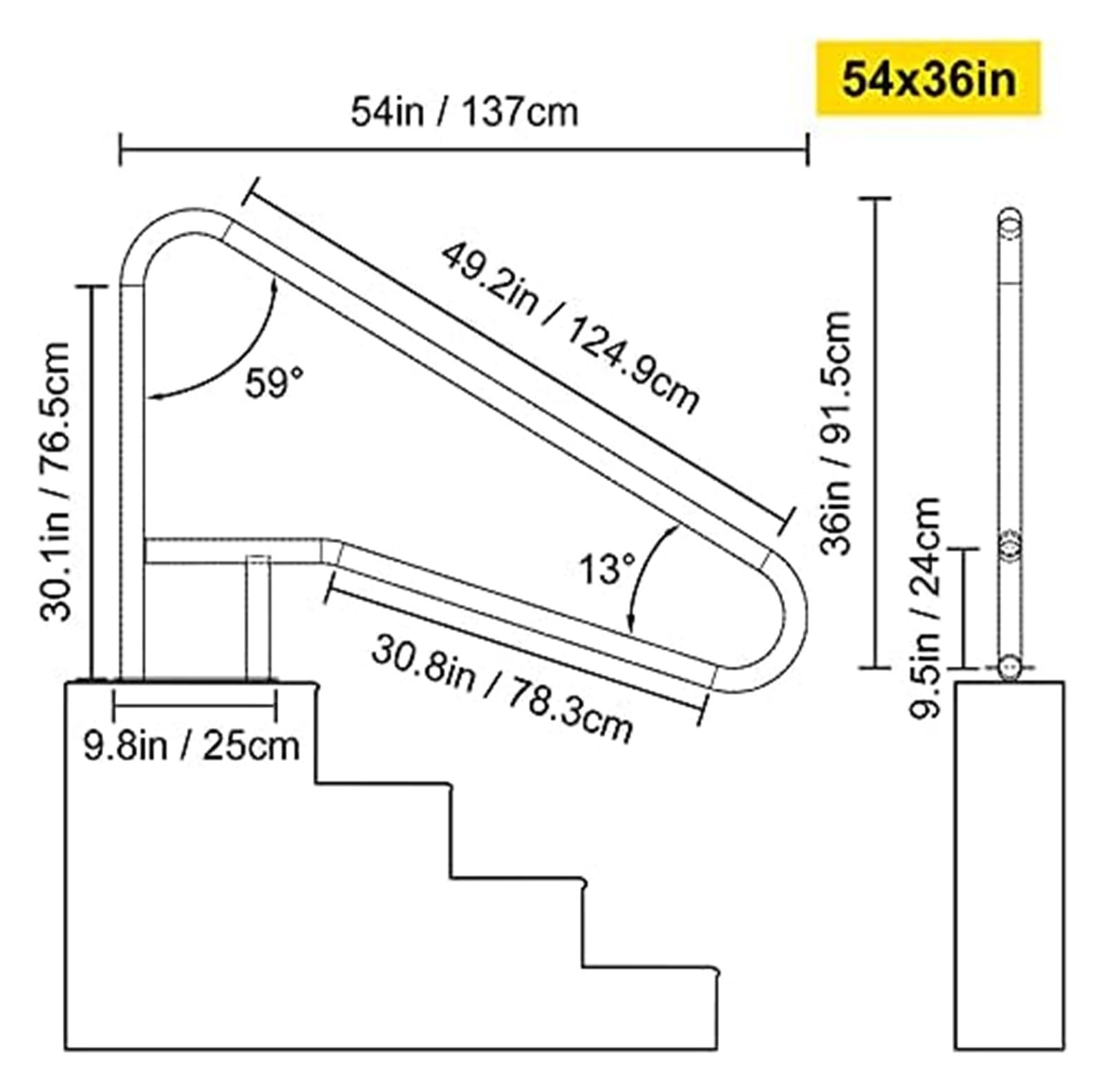 Barandilla de piscina de acero inoxidable de 54 x 36 pulgadas, resistente al óxido, capacidad de carga de 250 libras, diseño ergonómico, color plateado para seguridad y apoyo