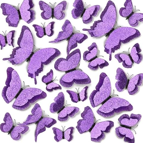 LiveGallery 36pcs Removable 3D Double Side Wings Butterfly Wall Stickers DIY Glittering Twinkle Butterflies Wall Decals Butterfly Wall Art Decor Decoration for Home Kids Bedroom Nursery (Purple) Cover