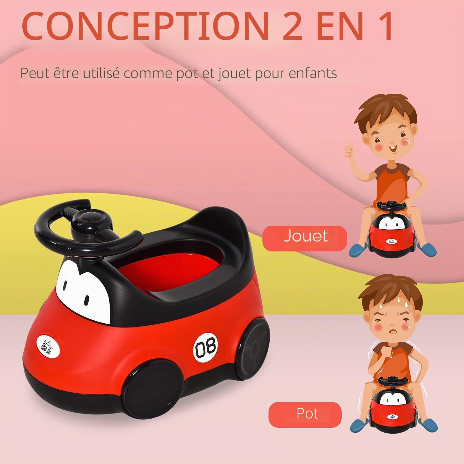 HOMCOM Pot pour bébé de 6 à 36 mois WC apprentissage entraînement portable en forme de voiture avec couvercle et volant Facile à nettoyer Charge 50 kg 40 x 27,5 x 29,1 cm Rouge