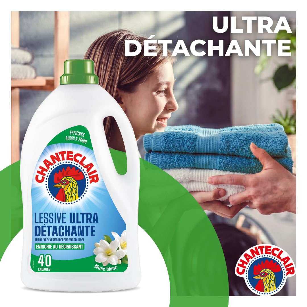 Chanteclair - Lessive Liquide Concentrées Musc Blanc, Enrichie au Dégraissant, Ultra Détachantes et Efficaces aussi à Froid, 40 lavages - 8x 1800 ml