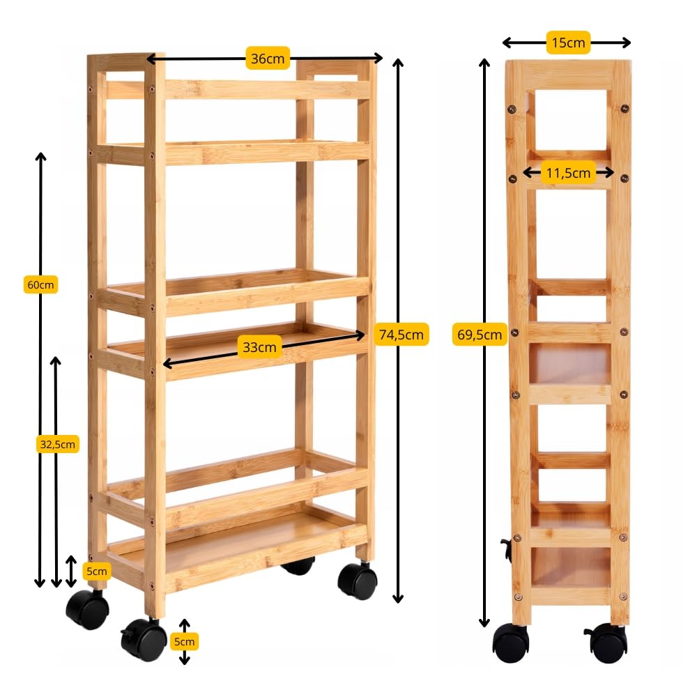 ZOLTA Bambus Rollregal schmal mit 3 Ablagen auf Rollen 74,5×36×15 cm stabil mobil für Bad Küche Vorratsraum Büro Kinderzimmer Garage Organizer Regalwagen mit Bremse natürlich pflegeleicht