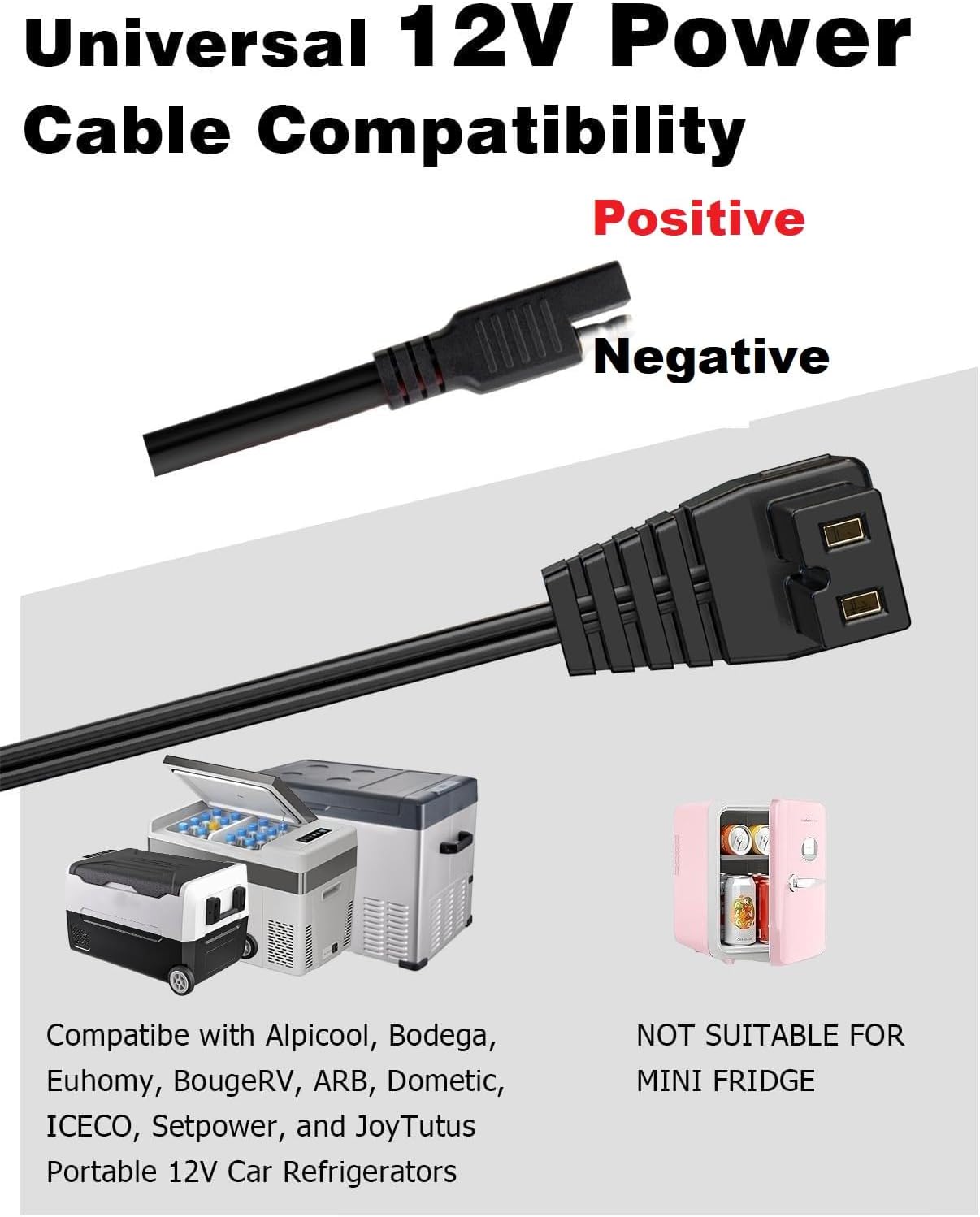 12V/24V DC Power Cord for Car Refrigerator,SAE Connector 14AWG Heavy Duty Cable Built-in Fuse with Secure Plug Compatible with Alpicool/BougeRV/Dometic/Setpower/JoyTutus Portable Freezer Fridge