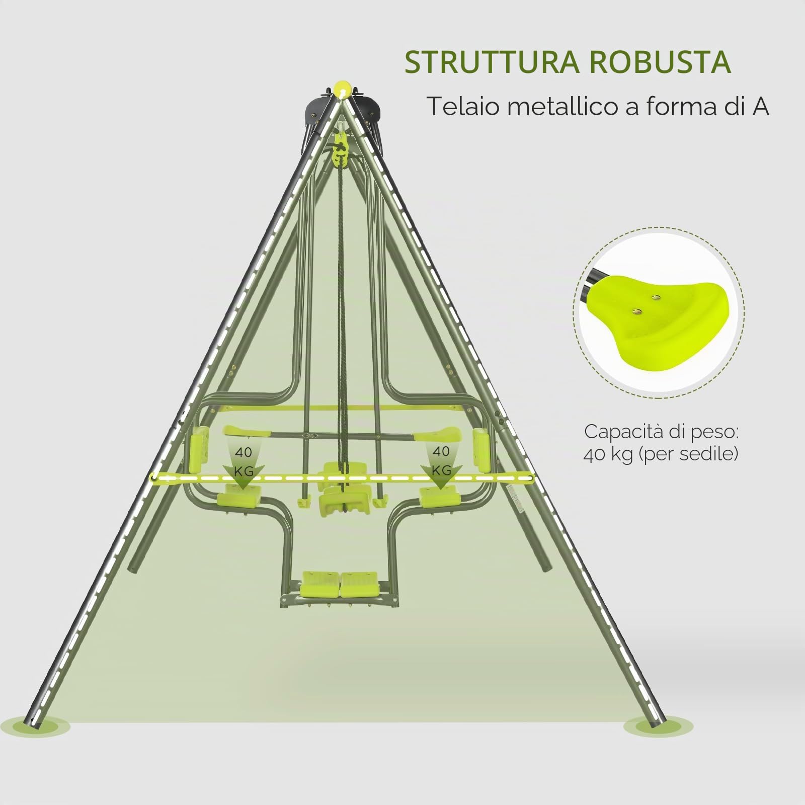 Outsunny Altalena per bambini 4 apparecchi con gondola contrapposti dim. 3,55L x 1,84L x 1,86H m metallo epossidico anticorrosione PE grigio antracite verde mela