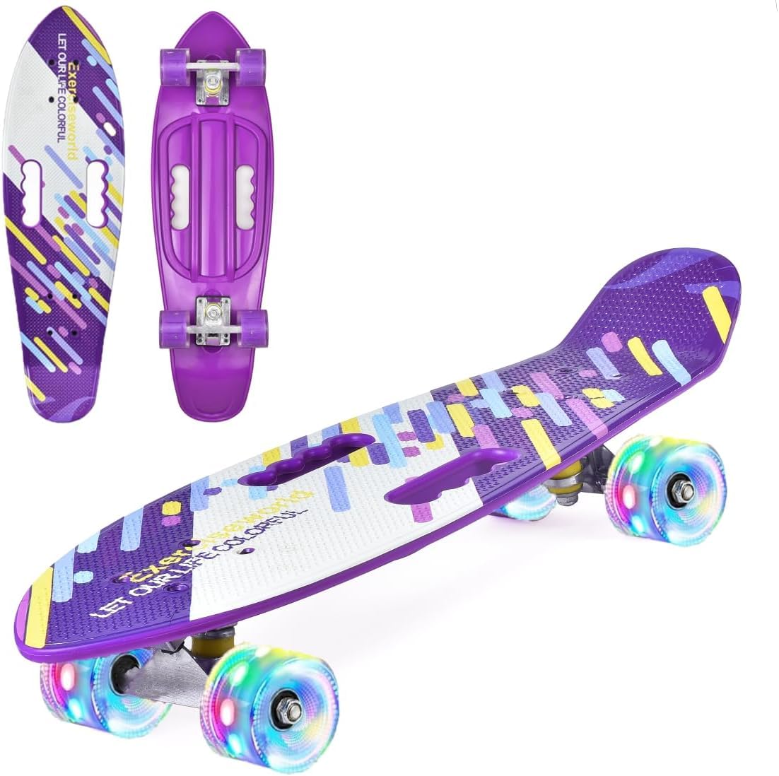 ERNAN Skateboard Complete 22 Inch Mini Cruiser Skateboard for Children with LED Light Wheels Skate Board for Adults Children Boys Beginners (Purple)