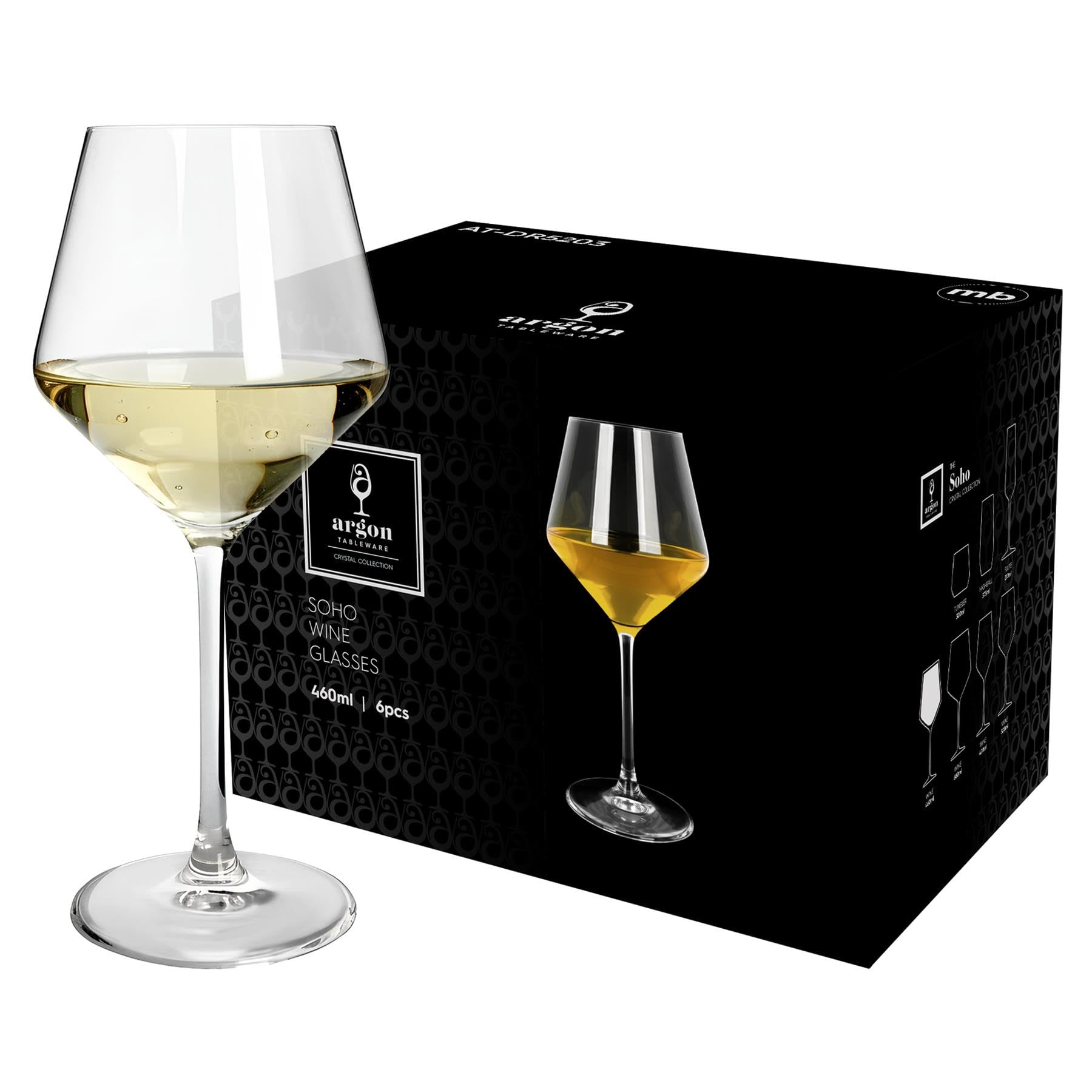 Argon Tableware Soho Crystal White Wine Glasses 460ml - Pack of 24, Lead-Free Crystal Wine Glass Set, Large Angular Tulip Bowl, Durable Pulled Stem, Gift Boxed Glassware for Home & Bar
