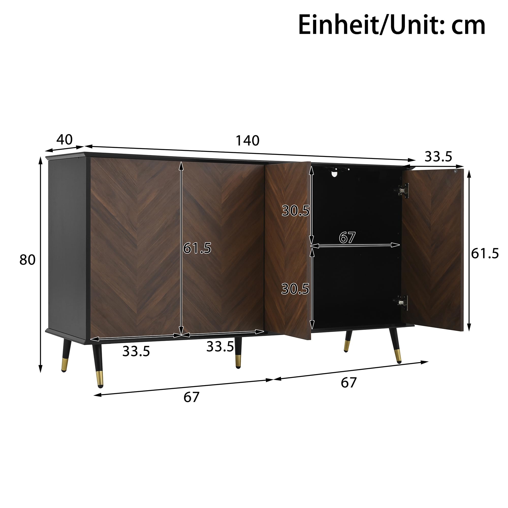 Credenza moderna con motivo a spina di pesce, armadio a buffet con 4 ante e ripiani regolabili in altezza, legno MDF e piedini in metallo, spazio per soggiorno, corridoio e sala da pranzo