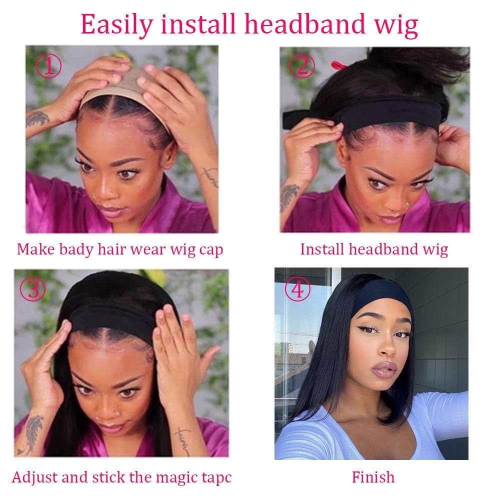 Straight Human Hair Headband Wigs for Black Women Glueless beauty forever headband wig 150% Density None Lace Front Wigs Natural color (18Inch Long Straight Headband Wig)