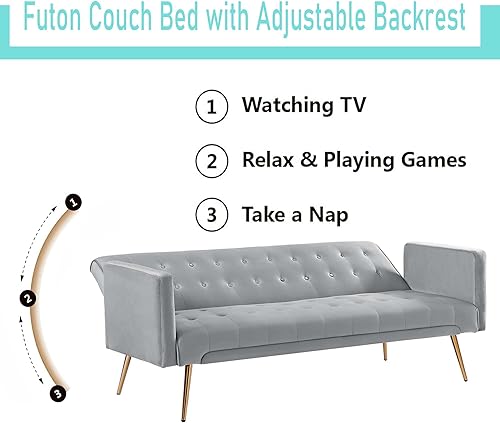 Miniatura 9 de Moderno sofá cama futón de terciopelo, sofá cama convertible con patas de metal, respaldo ajustable tapizado, asiento reclinable copetudo para