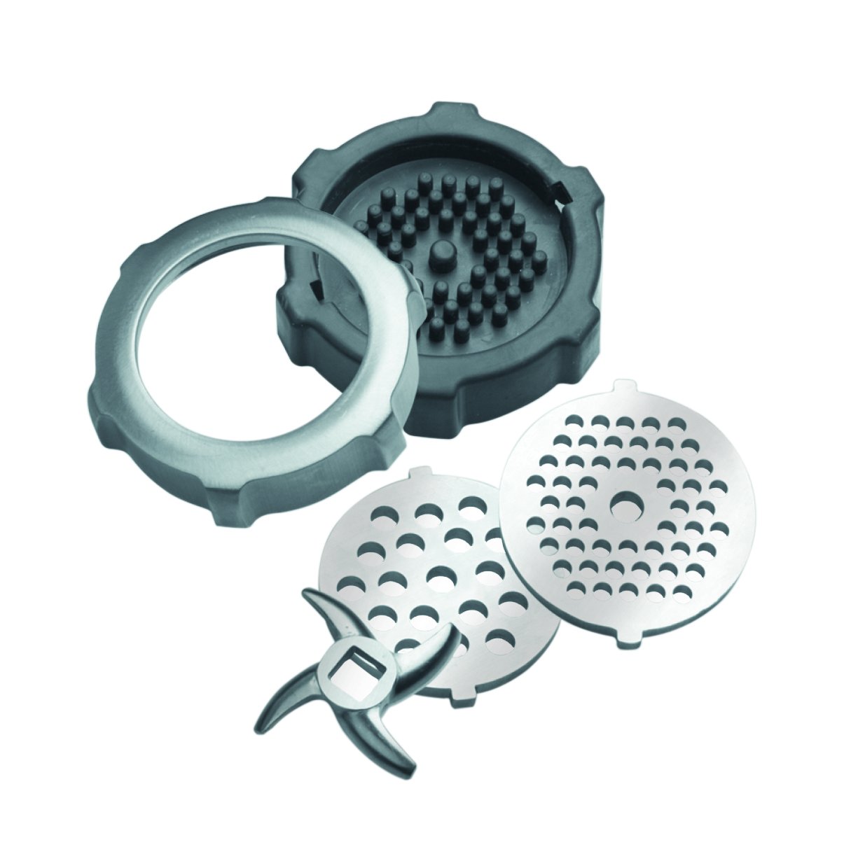 Stainless steel meat grinding discs (fine, medium, coarse) and cutting blade.