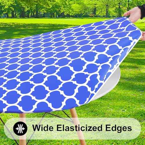 Smiry Round Picnic Tablecloth, Waterproof Elastic Fitted Table Covers for 42" - 50" Tables, Wipeable Flannel Backed Vinyl Tablecloths for Camping, Indoor, Outdoor, Blue & White by Smiry - Used condition - Image 3