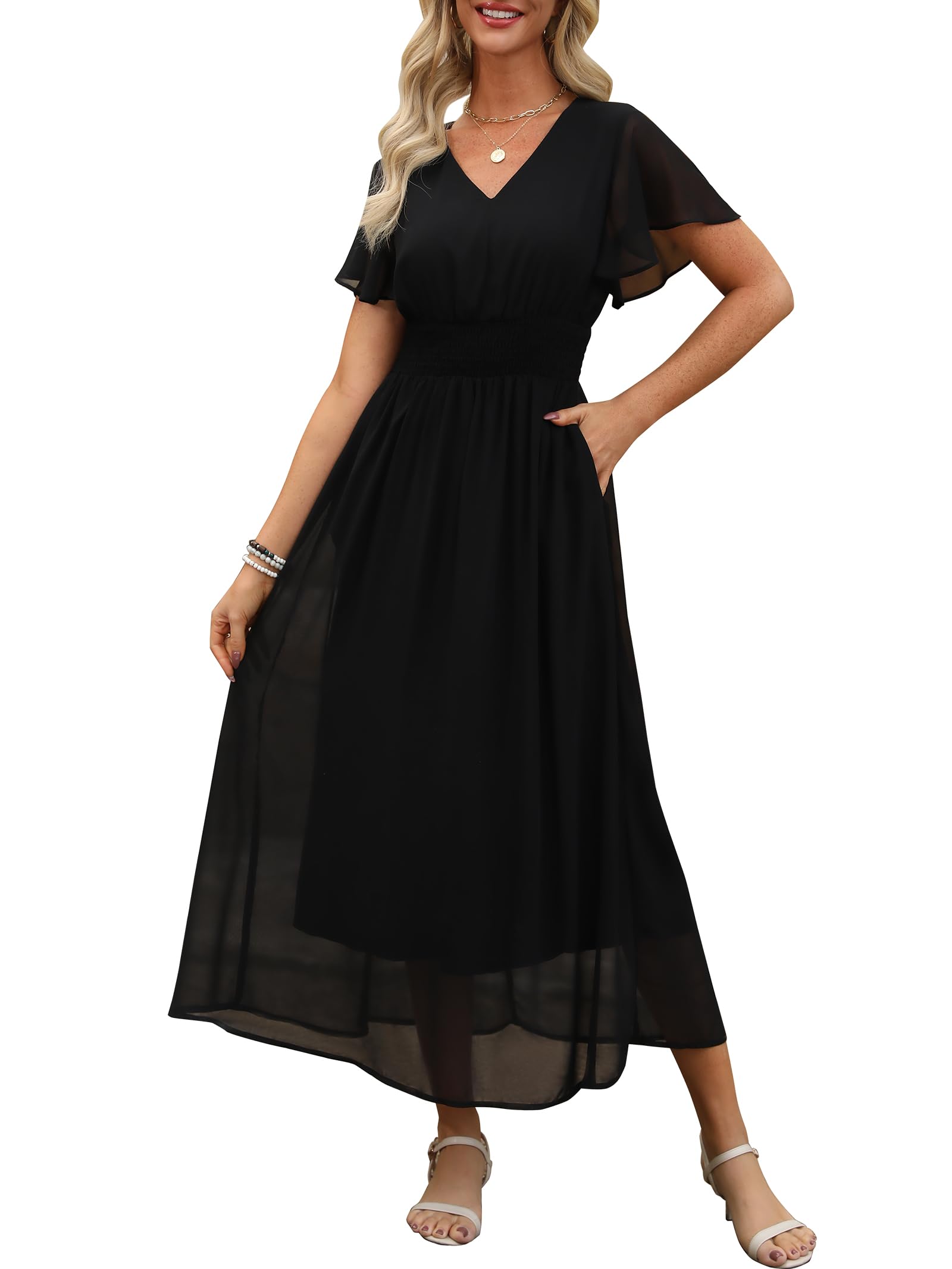 ANRABESS Womens Summer Floral Maxi Dress Casual V Neck Short Sleeve Chiffon Boho Flowy Beach 2026 Wedding Guest Long Dresses