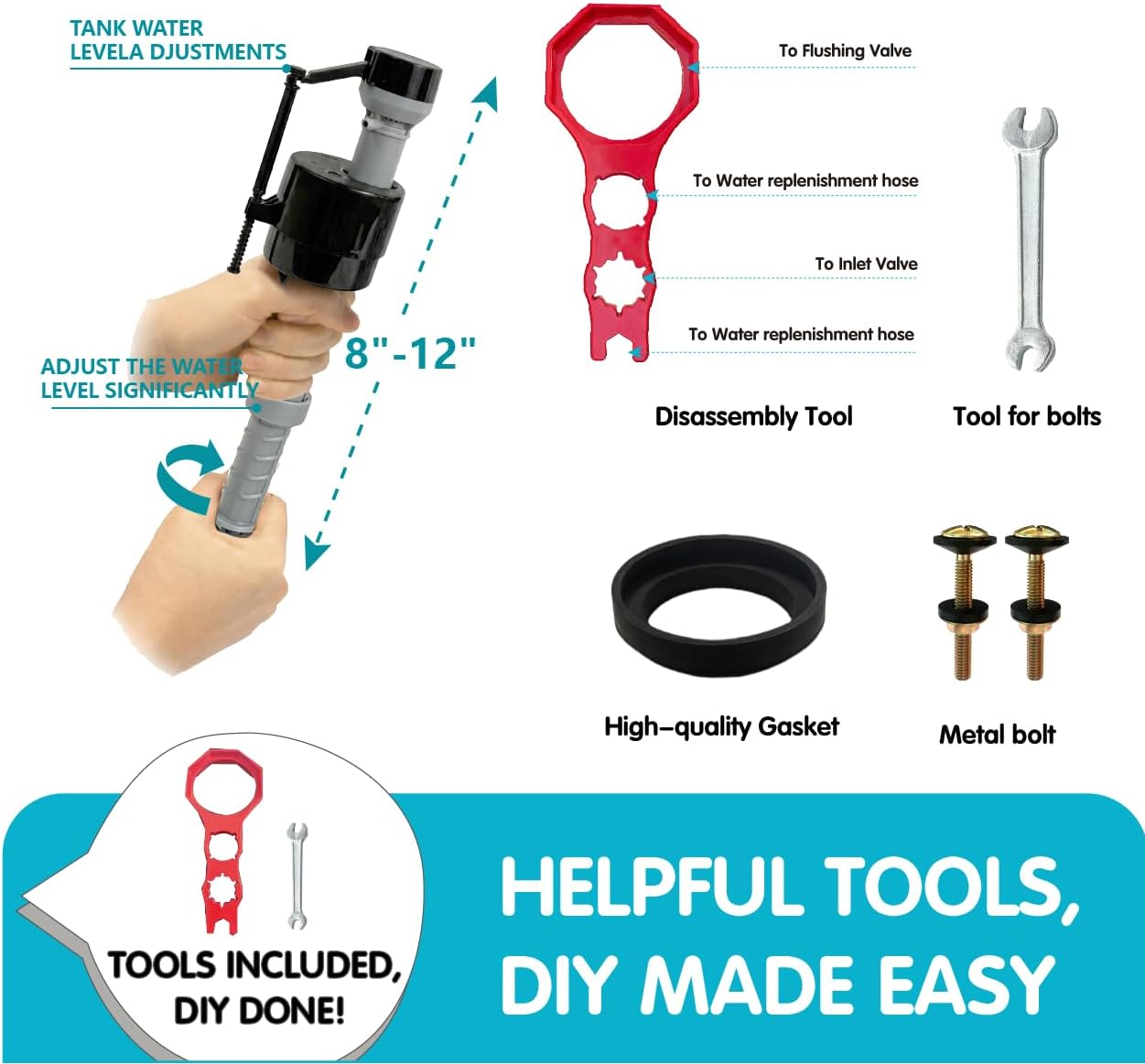 3-In Toilet Tank Replacement Kit with Dual Flush Modes | Multifunctional Installation Tools,Metal Bolts with Washers,Integrated Handle,Fits Lever-Handle 2-Piece Toilets