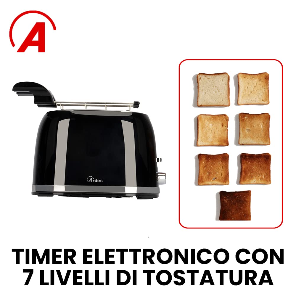 Ardes PRESTIGE ARTOAST03 – Tostapane con pinze per toast ripieni, 7 livelli di doratura, 2 timer, vassoio raccogli briciole rimovibile e design in acciaio inossidabile