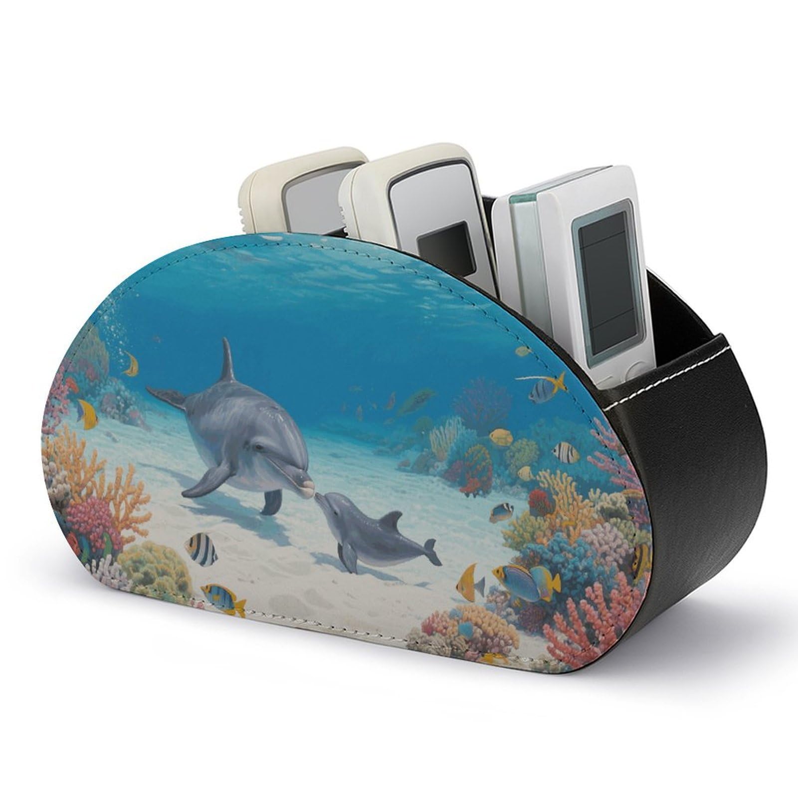 VstaDank Dolphin Remote Control Holder PU Leather Multi-Functional Office Organizar Box Makeup Brush Holder Desk Storage with 5 Compartment TV Remote Media Player Box