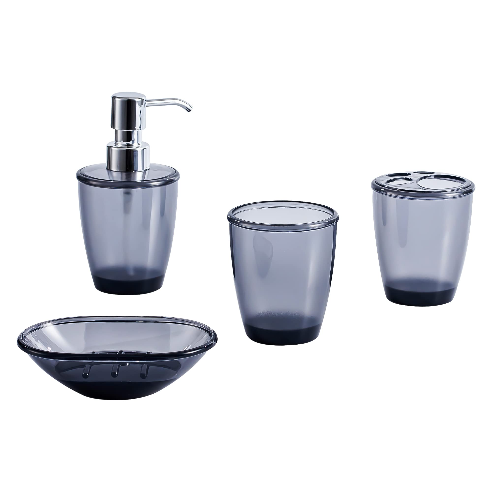 Novel Solutions Modern Smokey Grey Acrylic Bathroom Accessories 4Piece Set -Soap Dispenser, Toothbrush Holder, Tumbler and Soap Dish