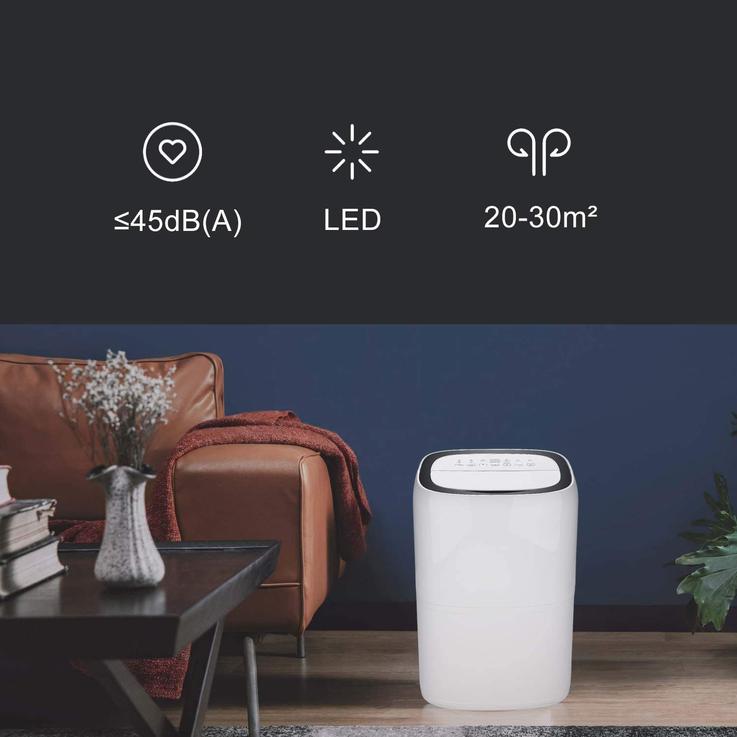 Daromigo Osuszacz powietrza 26 l/24 h wydajność osuszania – do pomieszczeń o powierzchni ok. 20–30 m² – z 4 trybami pracy, wskazówki dotyczące temperatury barwowej, tryb timera, osuszanie, tryb
