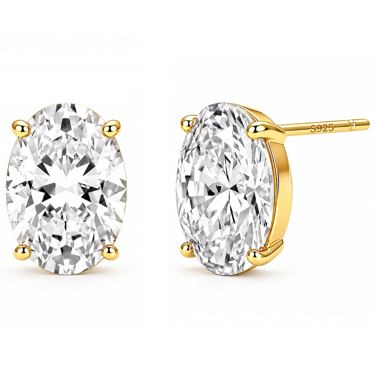 925 Sterling Silver Stud Earrings Simulated Diamond 2.5CT Oval Cubic Zirconia Hypoallergenic Solitaire Earring Set for Women Gold