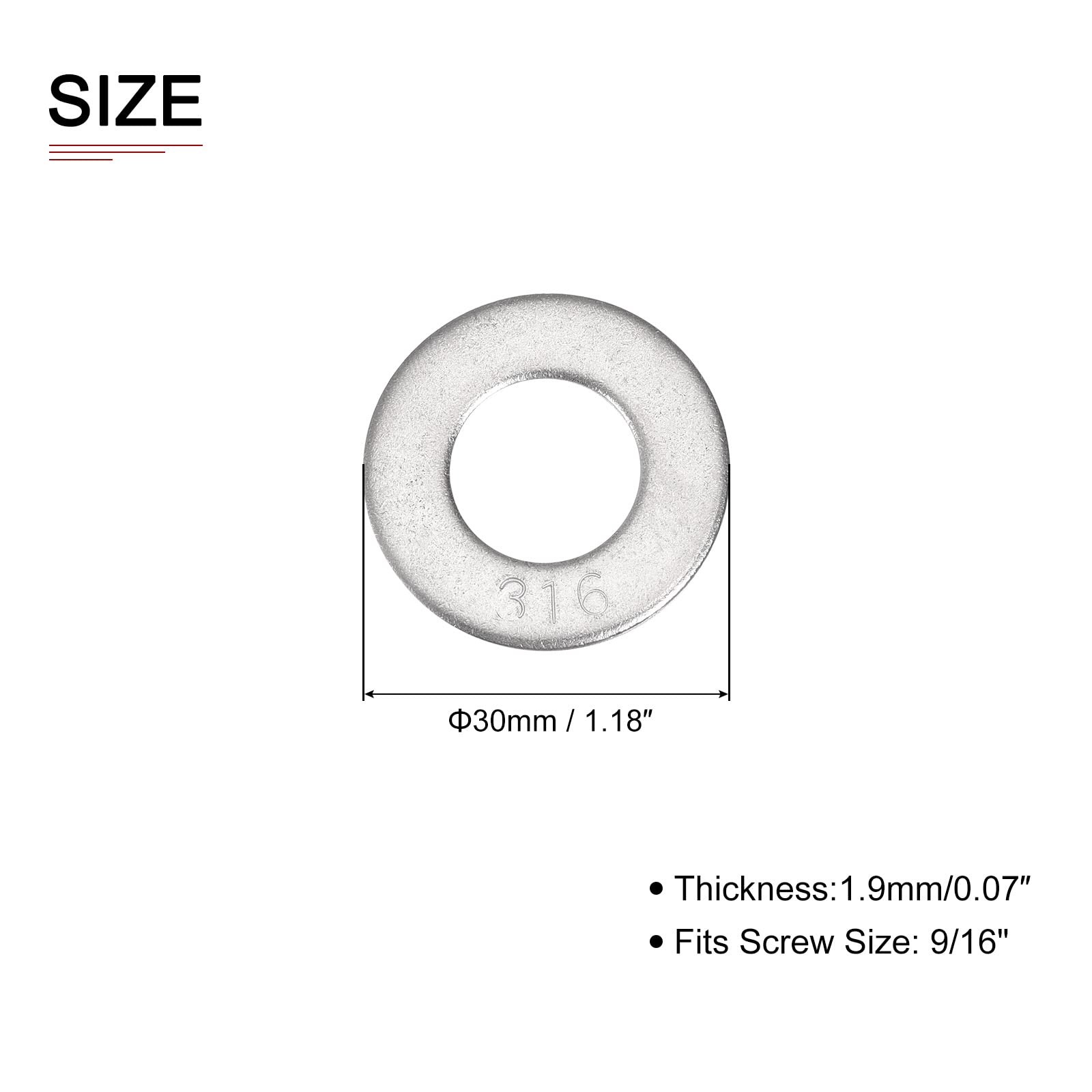 DTGN 30mmx1.9mm(ODxT) 316 Stainless Steel Flat Washers, 25Pack, Good for 9/16" Industrial Machinery Screw Bolt - Image 2