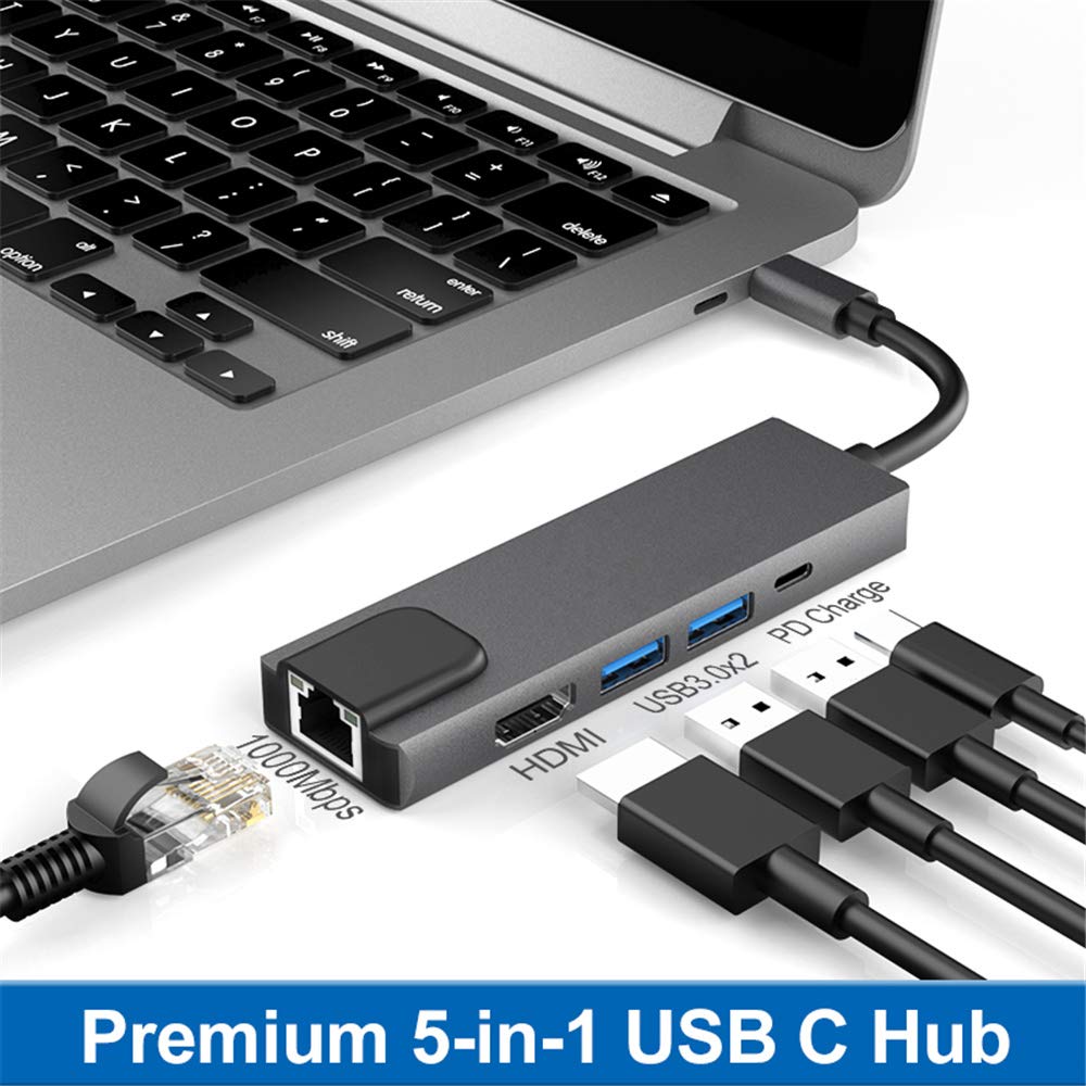 Tianle Hub USB C Ethernet, adaptateur multi-ports 5 en 1 avec port Gigabit Ethernet, HDMI 4K, charge USB C PD et 2 USB 3.0 compatible avec console Switch, MacBook, iPad, Surface, 5 en 1