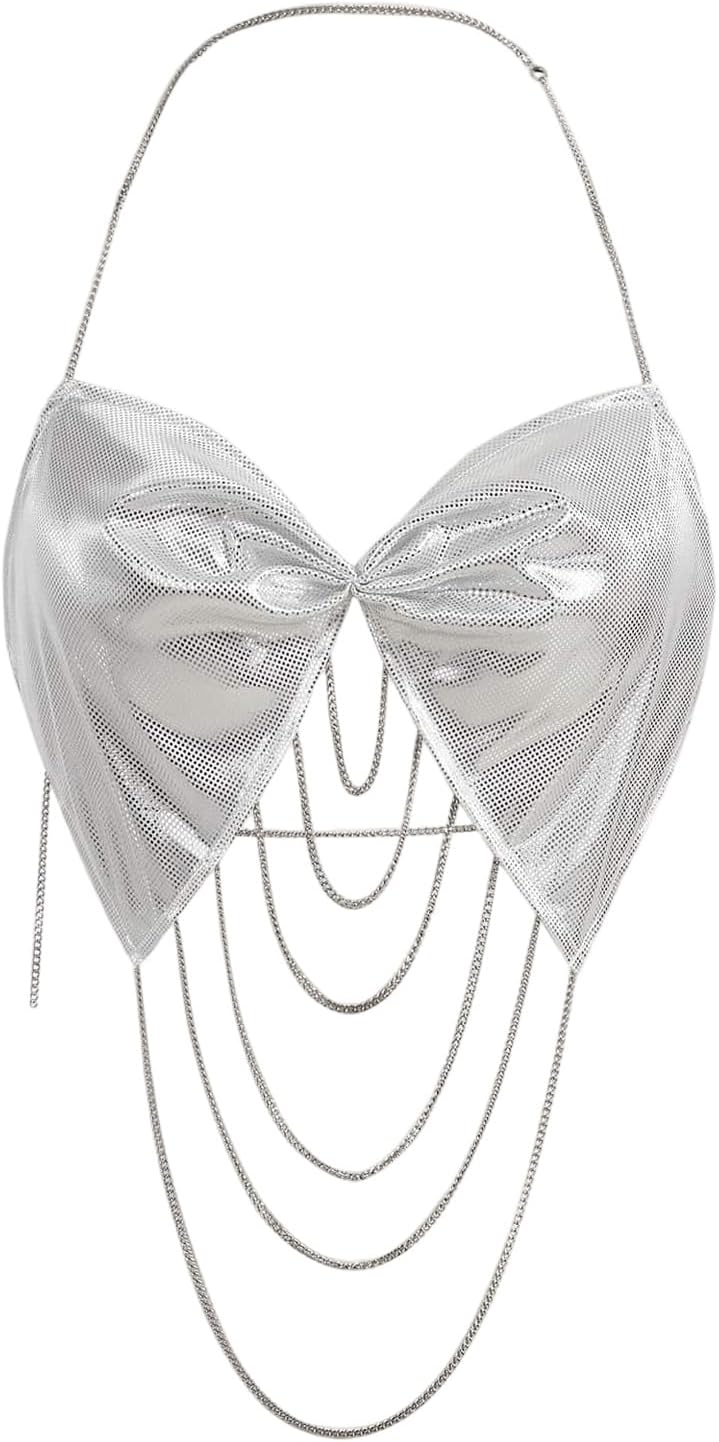 OYOANGLE Women's Sparkling Sequin Chain Crop Halter Tops Backless Micro Bow Top Y2K Rave Outfits