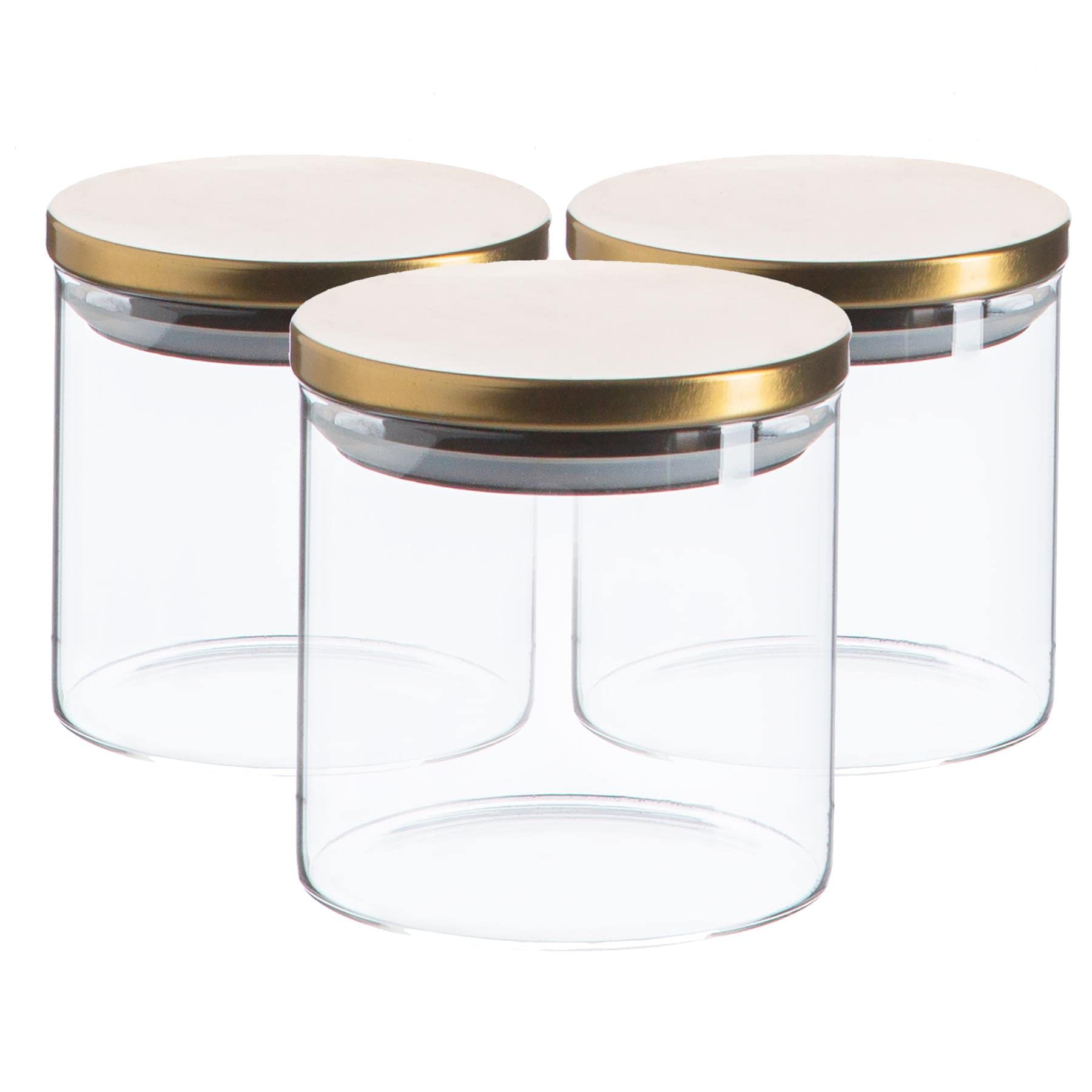 Argon Tableware Gold Scandi Storage Jars With Metallic Lids - 3 Pack - Modern Round Organisation Container Glass Jar For Kitchens, Pantry, Bathrooms, Utility Rooms 550Ml