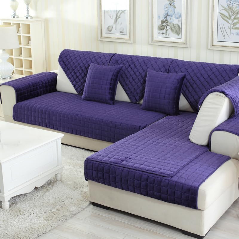 Sofa Cover, Soft Sofa Protector Anti-Slip L-Shaped Couch Cover, Thickened and Warm Vintage Couch Cover, For U-Shaped/L-Shaped Sectional Sofas, For 1/2/3/4-Seater Sofas,Purple,90x120cm