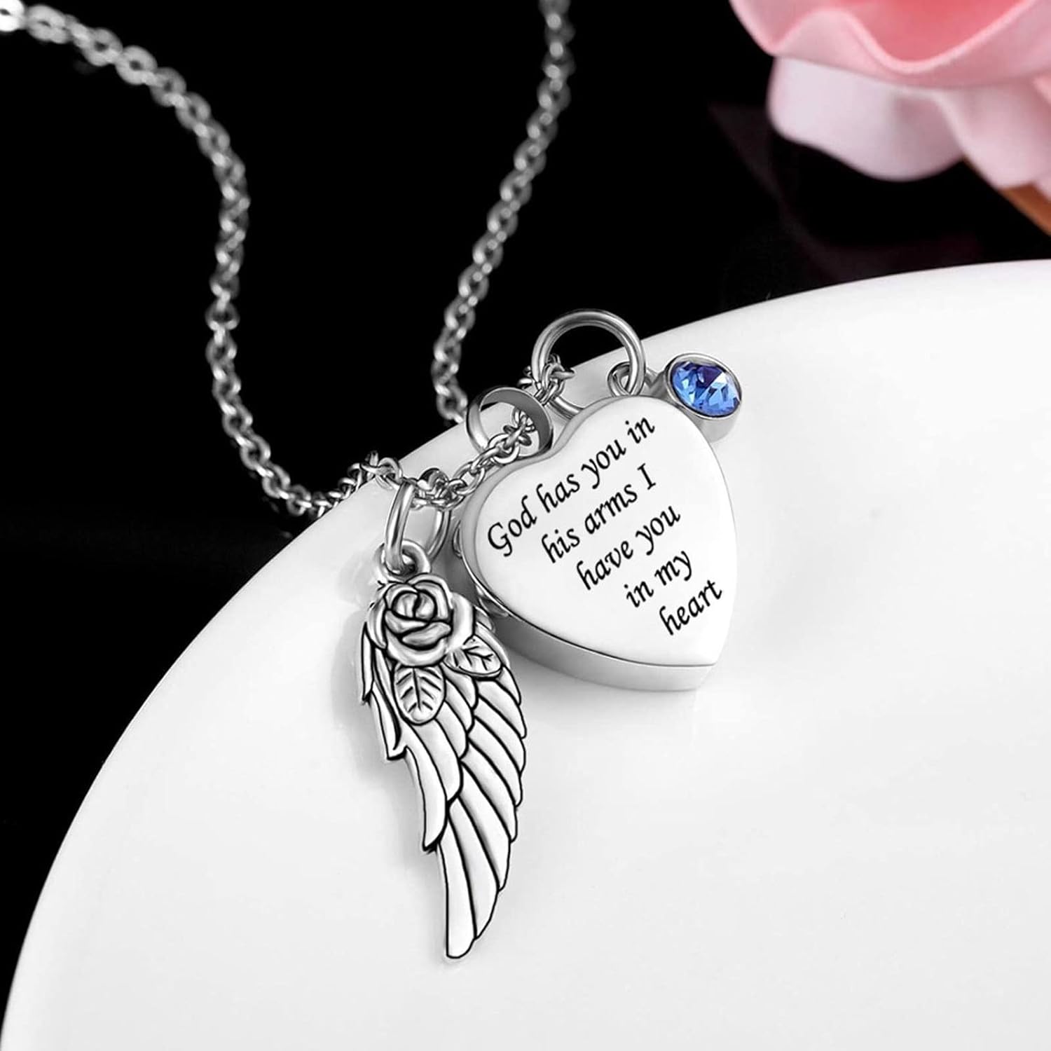 God has You in his arms with Angel Wing Charm Cremation Ashes Jewelry Keepsake Memorial Urn Necklace with Birthstone Crystal - Image 5