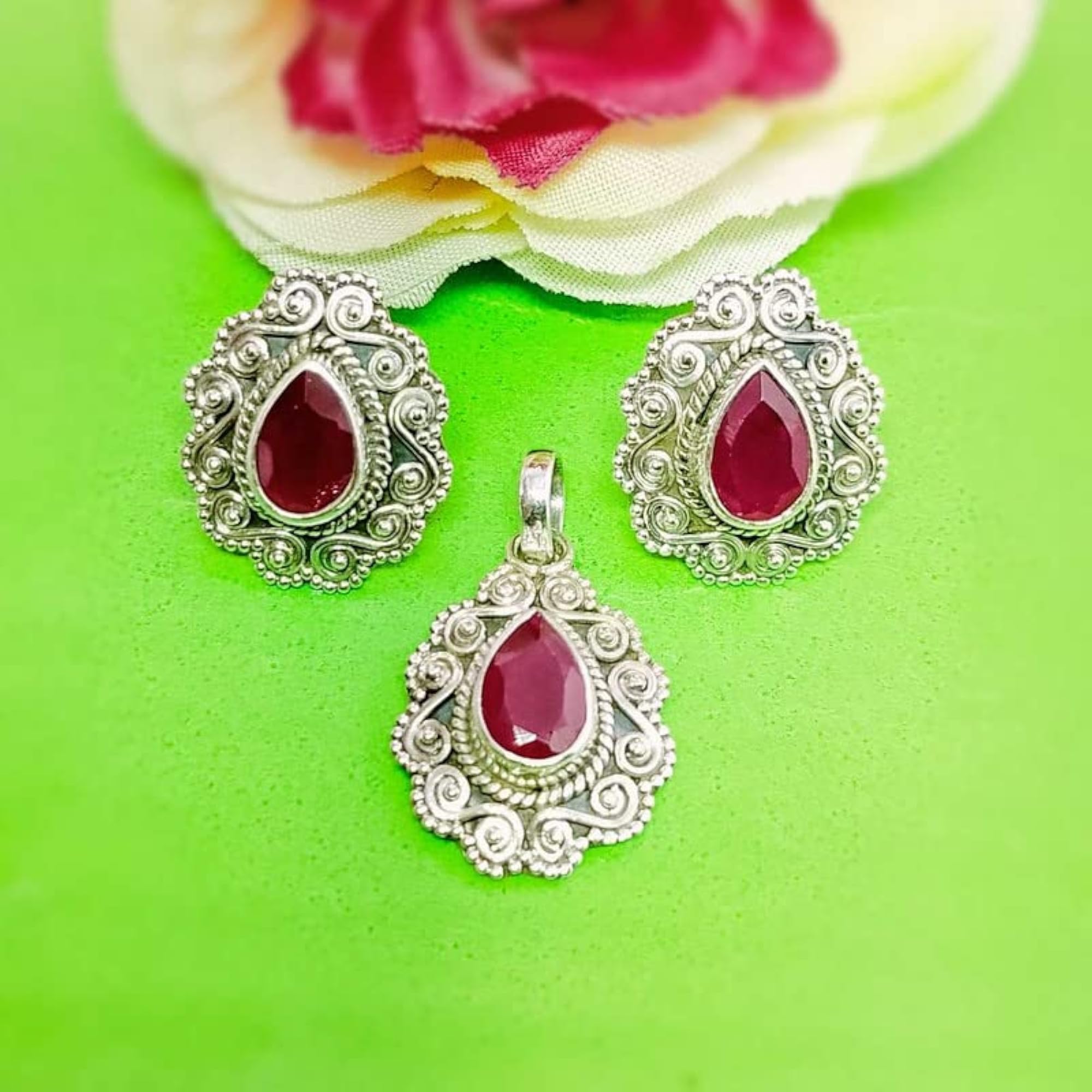 Paan Shape Ruby & Emerald Locket Set in 925 Sterling Silver
