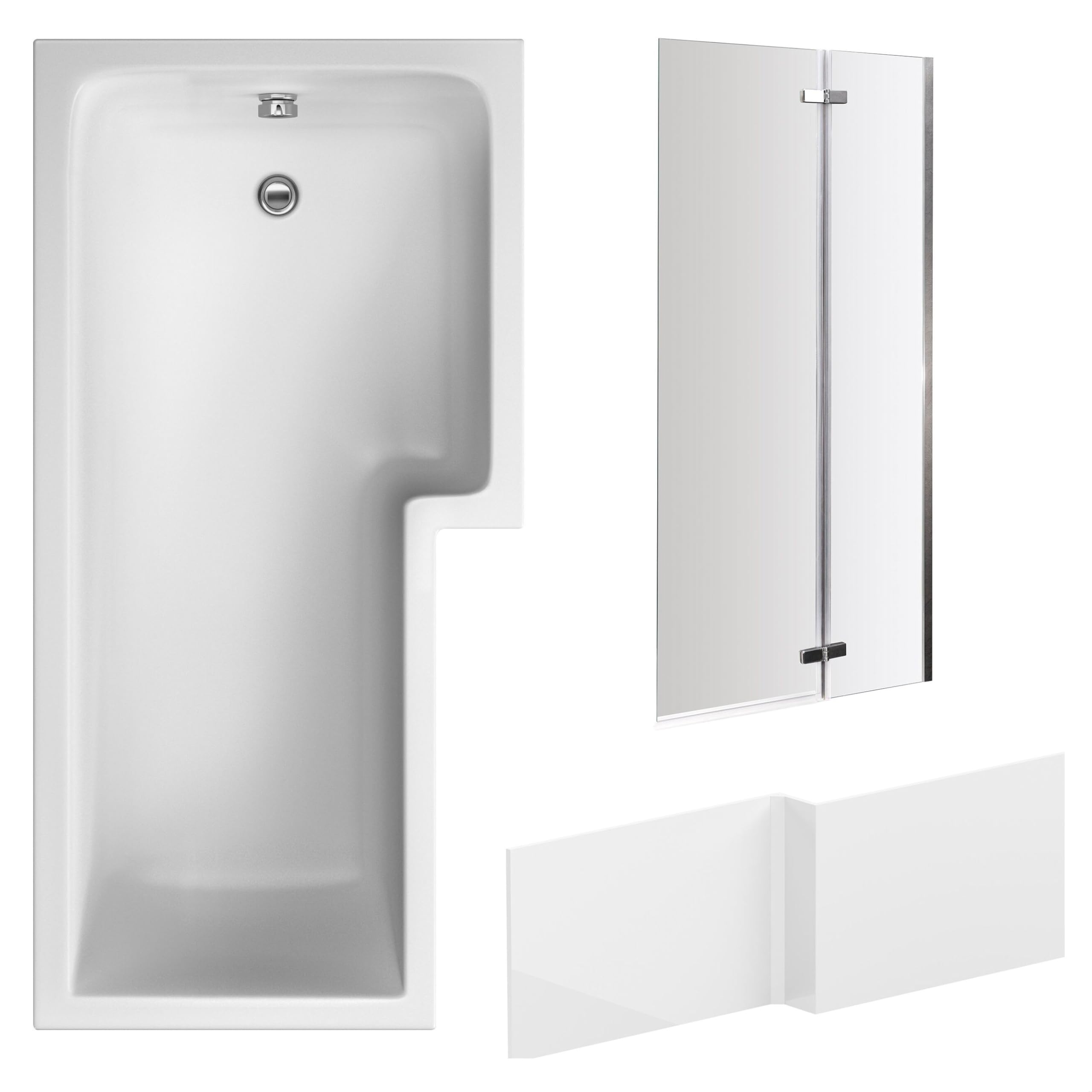 Balterley 1700 x 850mm L Shape Shower Bath with Leg Set, 2 Panel Chrome Center Hinge Shower Screen & L Shaped Bath Panel, Right Hand Single Ended Gloss White Soaking Baths, Acrylic Baths (White)