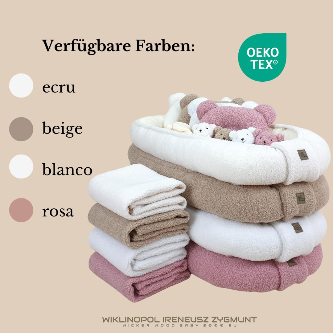 WIKLINOPOL Set Babynest Beige – Baby Nest para recién nacido, nido & cocoon con cojín Bärchen, manta & dou dou – Canastilla bebé transpirable de muselina & peluche Teddy