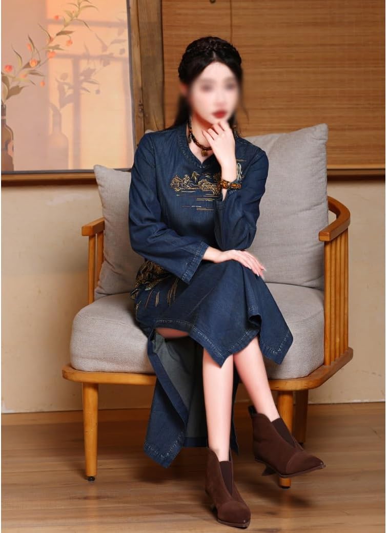 JSEIAJB Qipao Long Sleeved Dress Autumn/Winter Retro Embroidered Cowboy Long Skirt for Women(M)