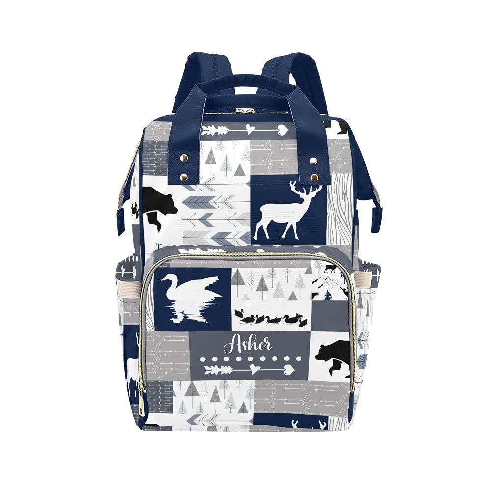 Yeshop Deer Swan Bear Faux Patchwork Quilt Personalized Diaper Bag Backpack Tote with Name,Custom Travel Nappy Mommy Bag Backpack for Baby Girl Boy Gift, 10.83 * 6.69* 15