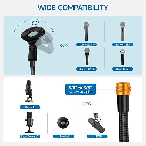 Miniatura 4 de Soporte de micrófono de 13 pulgadas, soporte de micrófono de escritorio flexible de cuello de cisne, soporte de micrófono multifunción con clip de
