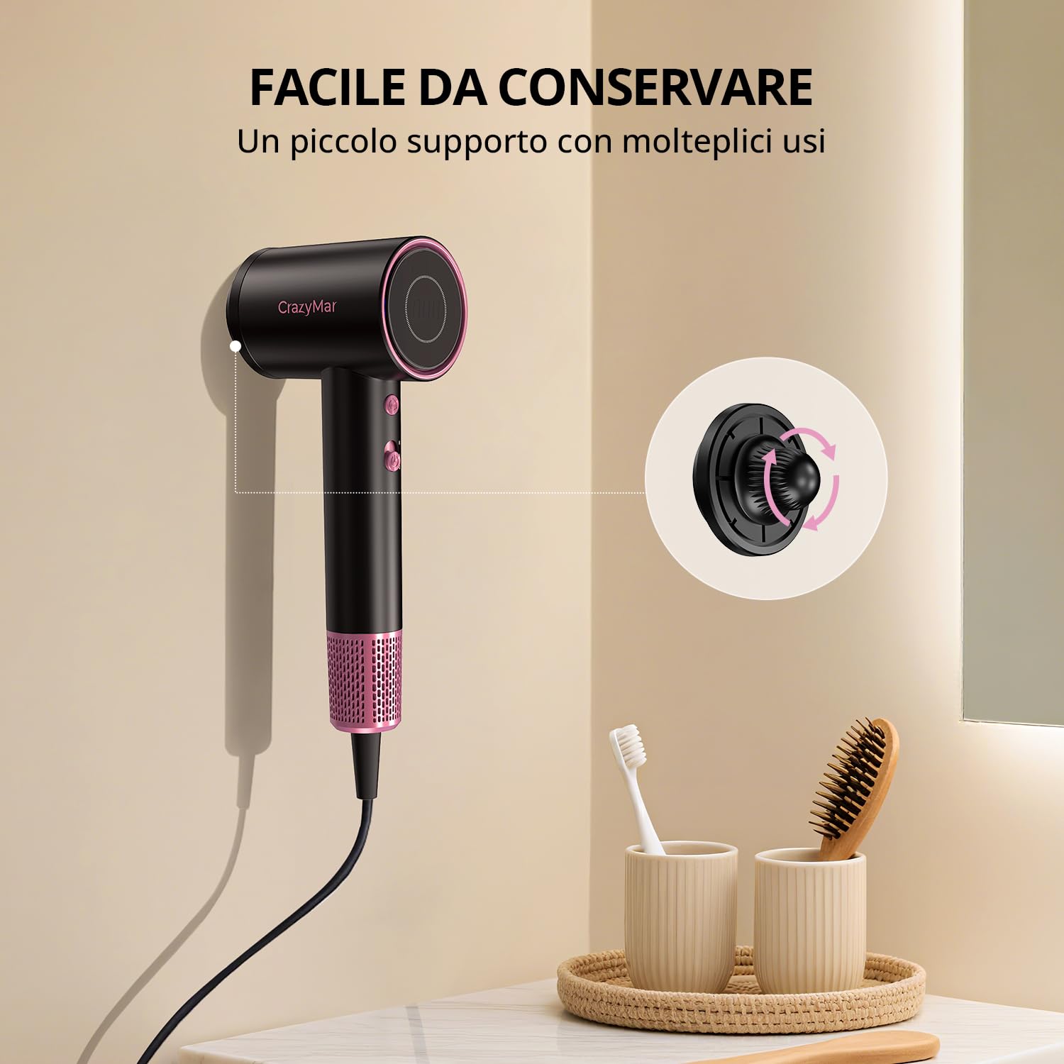 CrazyMar Asciugacapelli Ionico,180.000 giri/min Asciugacapelli Professionale – Asciugatura 5X più Veloce,Con 4 Temperature,Protezione dal Surriscaldamento e Funzionamento Silenzioso (Nero)