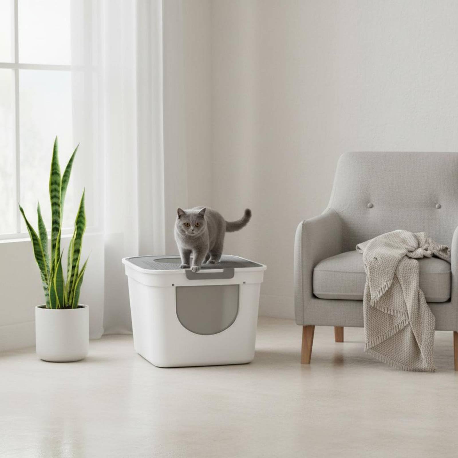 Baoblaze Arenero Cerrado para Gatos Caja de Arena Bandeja Higiénica Baño con Tapa Segura Laterales de PP Apto para Razas Domésticas Manejo de Olores Uso Diario, Gris Caballero, Grande