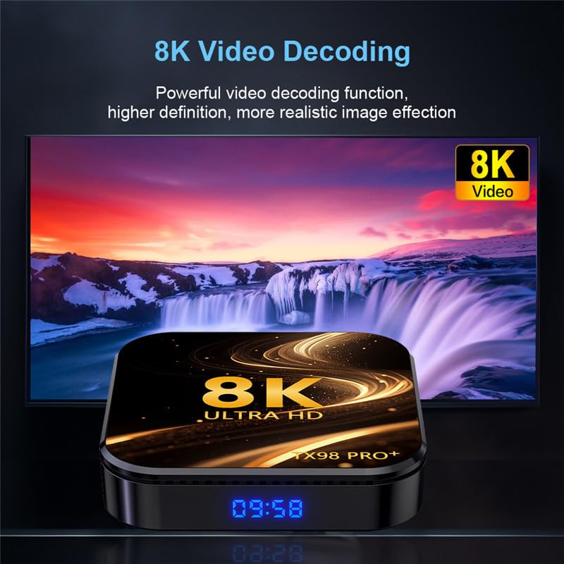 Boîtier TV Android 14.0, TX98 Pro + Smart TV Box RK3258 Quad-Core 64 Bits Arm Cortex-A53 Prise en Charge 8K/4K 2,4/5,0 Ghz WiFi BT4.0 100/1000M Ethernet HDMI 2.0 H.265 Décodeur,4gb+64gb