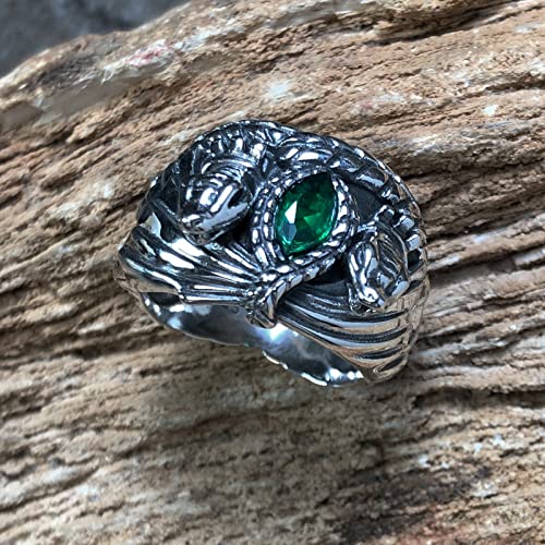 bahamut 925 Sterling Silver Mens Aragorn Rings of Barahir with Green Cubic Zirconia,Snake Band, LOTR Cosplay Jewelry4