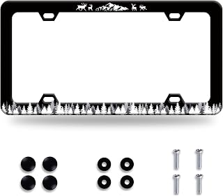 Mountain Forest Camping License Plate Frame Deer Aniaml License Plate Colorful Stainless Steel Auto Parts Funny License Plate Decoration with Screws Size 12.3 "x 6.3"